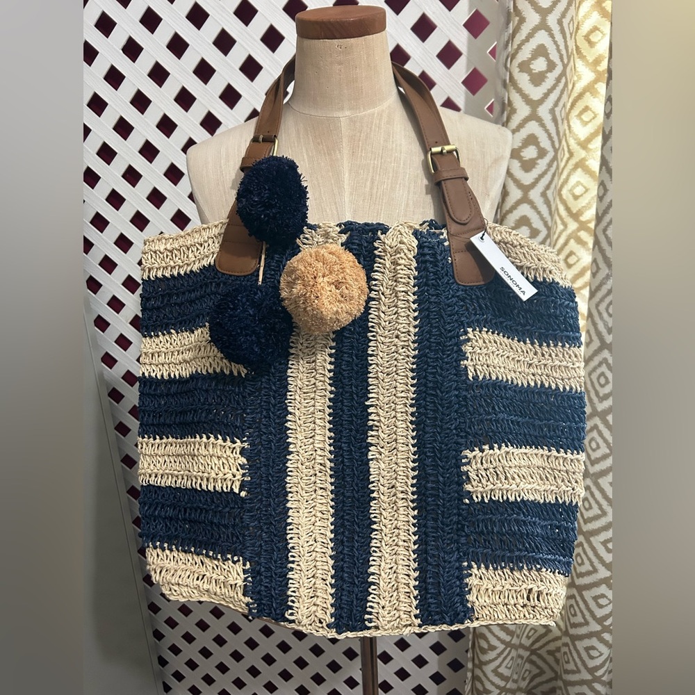 Sonoma blue straw beach bag
